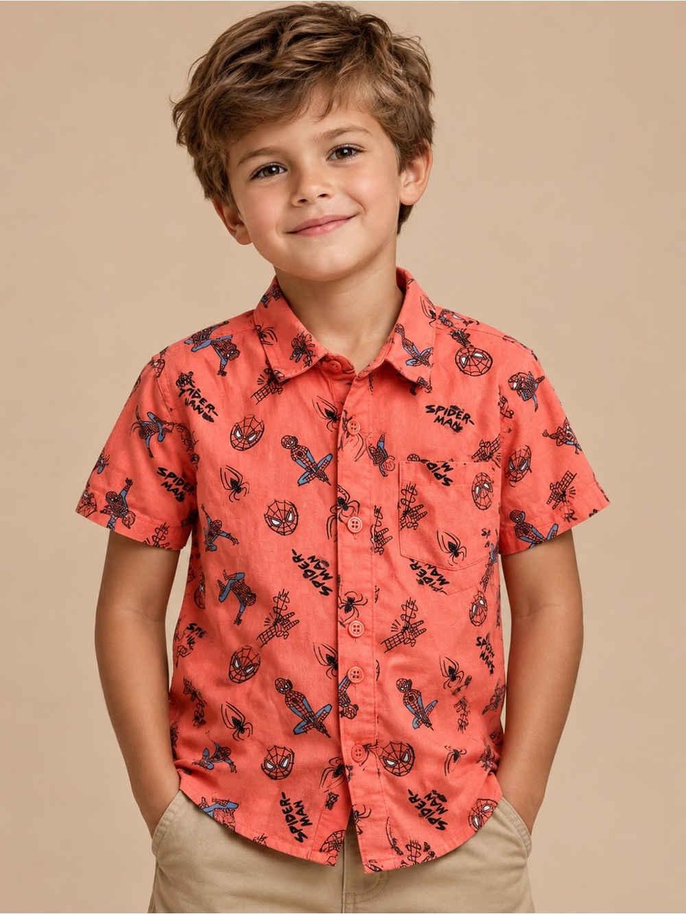 Marvel Coral Short Sleeve Spider-Man Button-Down Shirt
